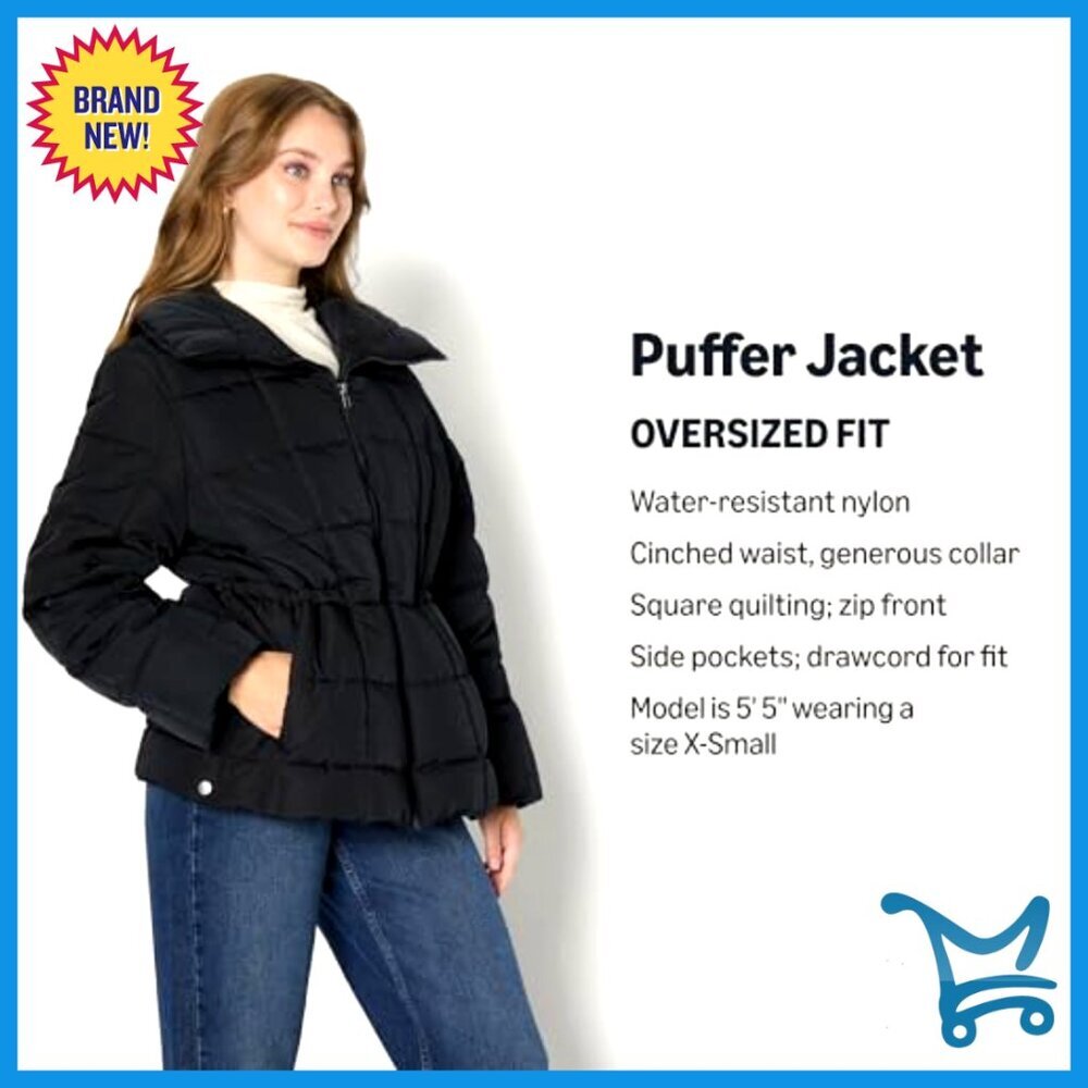 Oversized Square Quilted Puffer Jacket Adjustable Waist Y2K Chic Minimal Warm - Picture 2 of 7